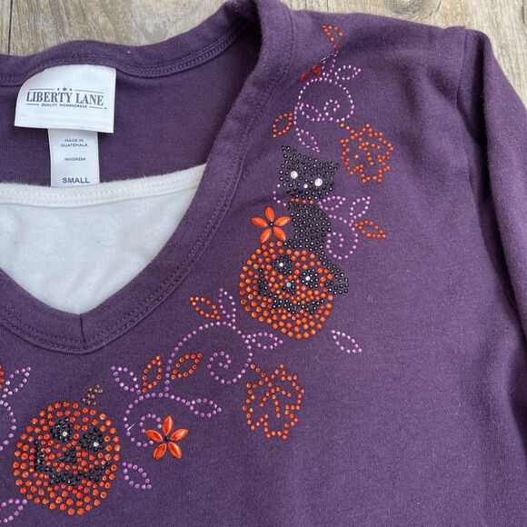 Libery Lane Shirt Halloween Vintage Women's Small Gem Pumpkin Cat Purple Orange - Picture 2 of 7